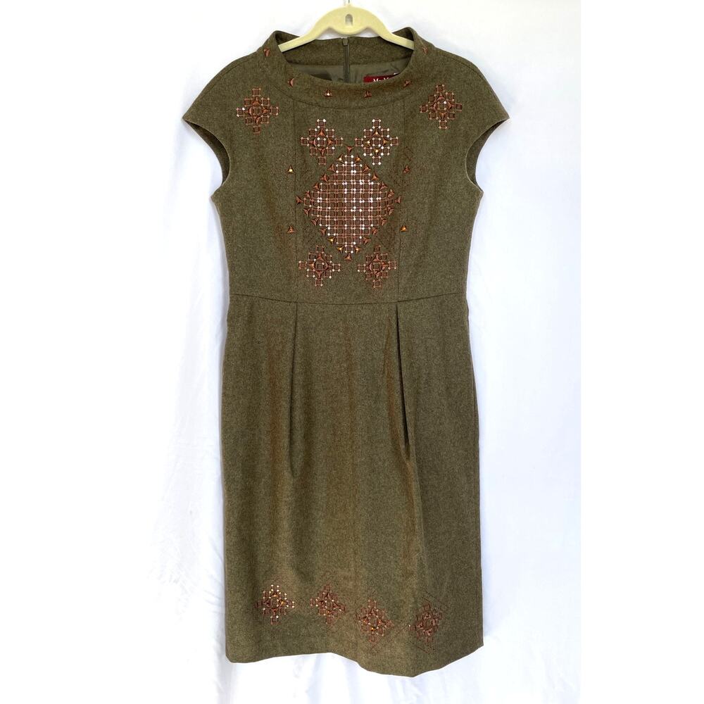 Max Mara Studio Green Brown Wool Studio Sheath Dress Mod Retro, 10 - Picture 2 of 5